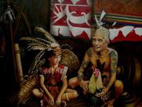 Dayak - Grandpa With His Grand Child - Oil On Canvas